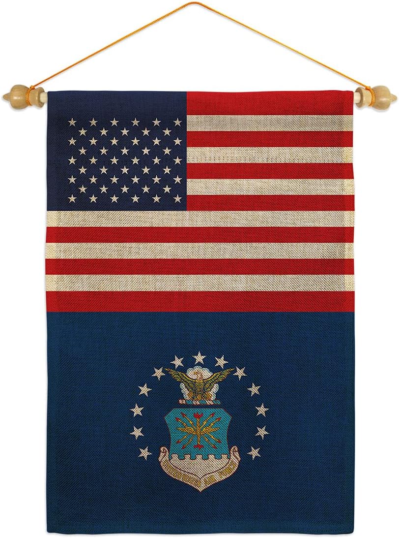 Air Force US Burlap Garden Flag Set Wood Dowel Armed Forces USAF United State American Military Veteran Retire Official Small Decorative Gift Yard House Banner Double-Sided Made in USA 13 X 18.5