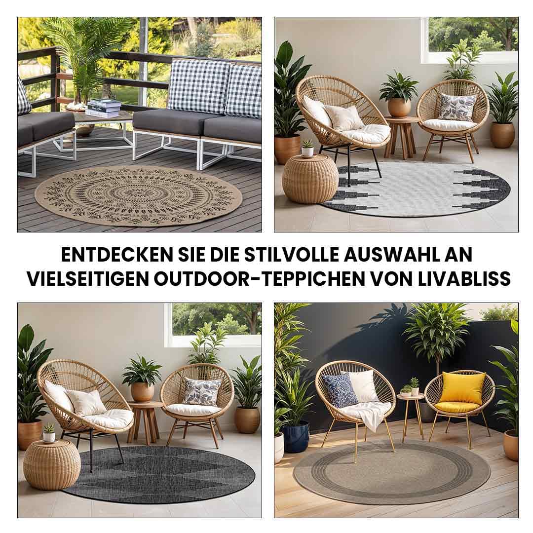 Livabliss Porto Outdoor Teppich wetterfest - In und Outdoor Teppich für Balkon 160 cm, Terrasse, Garten, Küche - Teppiche Boho Style für draußen - Beige, Schwarz, Grau