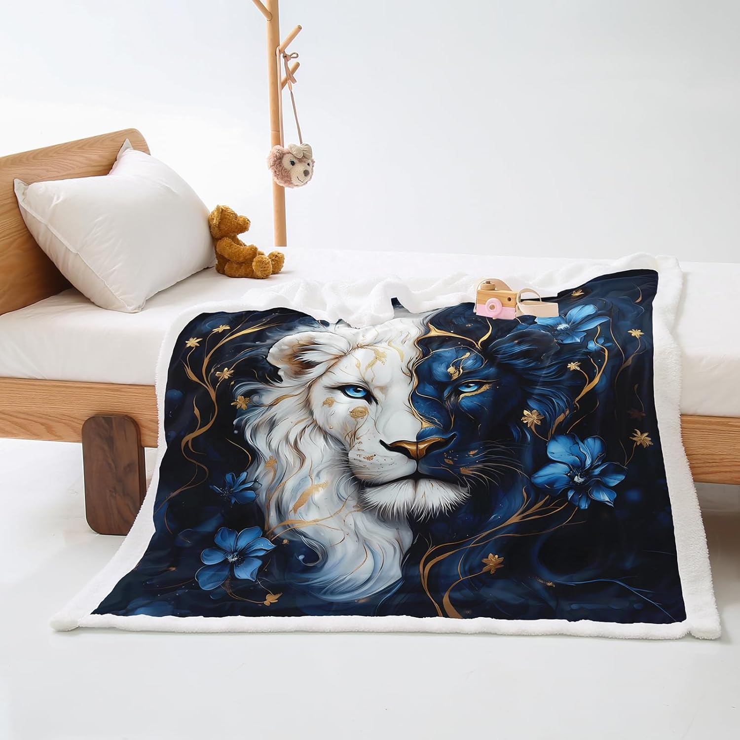 AILONEN Floral Lion Throw Blanket,Blue & White Lion Fleece Sherpa Blanket for Girls Women,Dreamy Flower Printed 3D Wild Animal Blanket, 78 x 59 Inches