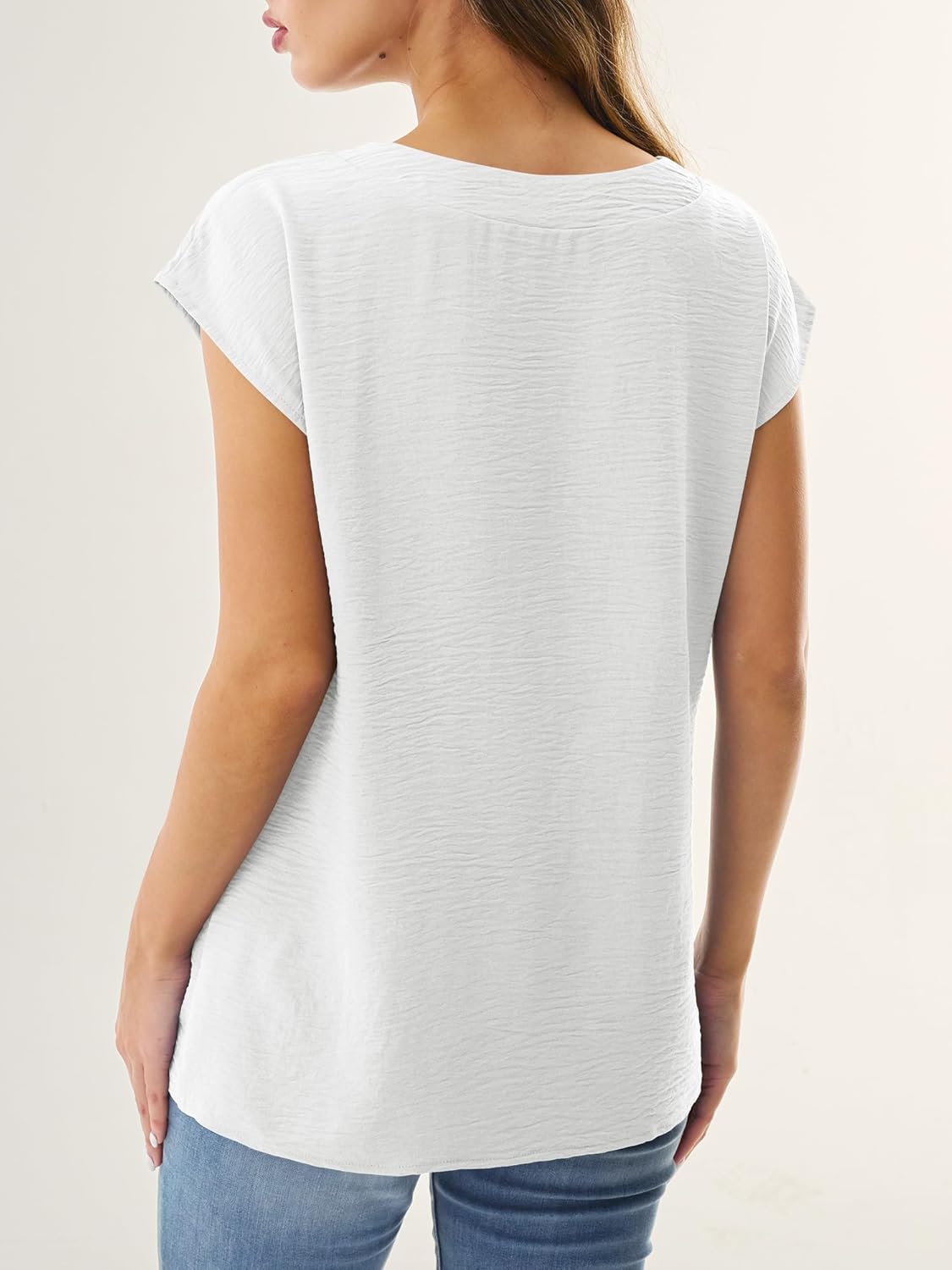 Women Tops Cap Sleeve Textured Dressy Casual V Neck Shirts 2025 Summer Business Work Blouses Outfits - Image 3