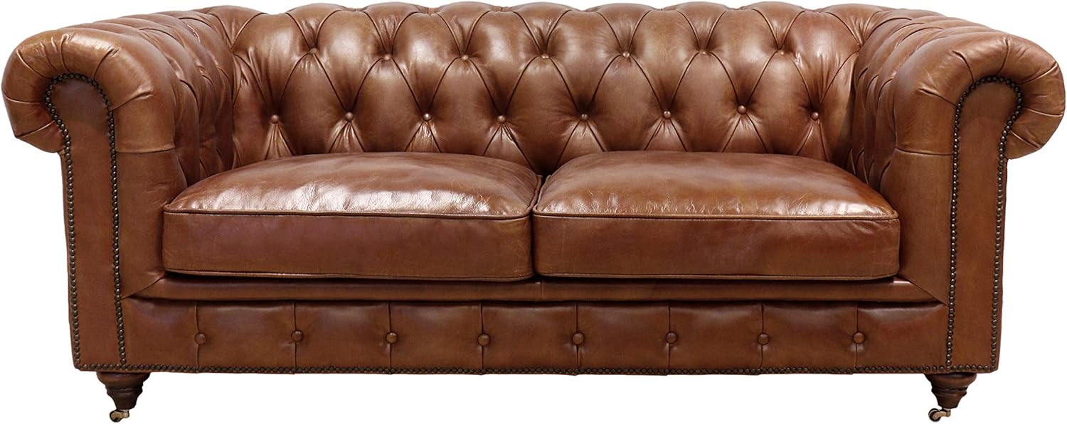 Pasargad Home Paris Club Collection Loveseat, Top Grain Leather Tufted Chesterfield Loveseat for Living Room, Bedroom - Brown