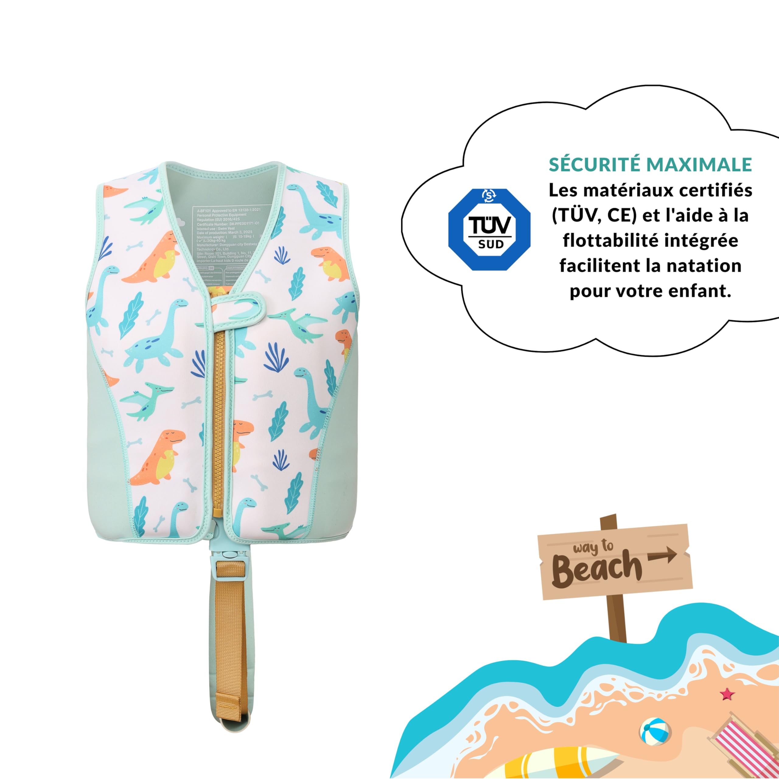Gilet de Natation Aide à la flottabilité pour Enfants Fille garçon 3 à 6 Ans, UPF 50+, 40kg Maximum, Motif Dinosaure étoile de mer Coquille, Fermeture Éclair Sécurisée Ceinture Ajustable