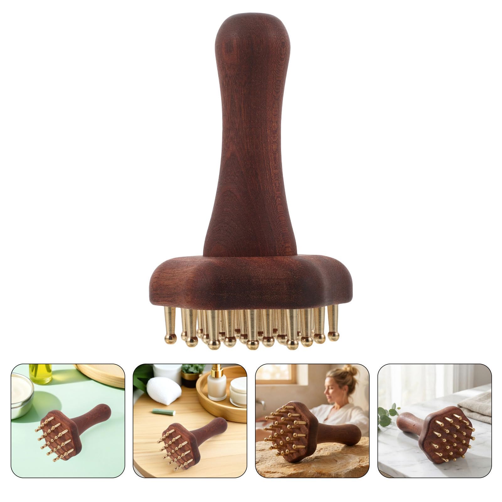 Anneome Cepillo Masajeador de Latón y Madera para Cuero Cabelludo y Cuello, Peine Ergonómico de 24 Dientes para Masaje Abdominal y Relajación en Casa, Pack de 2 Unidades