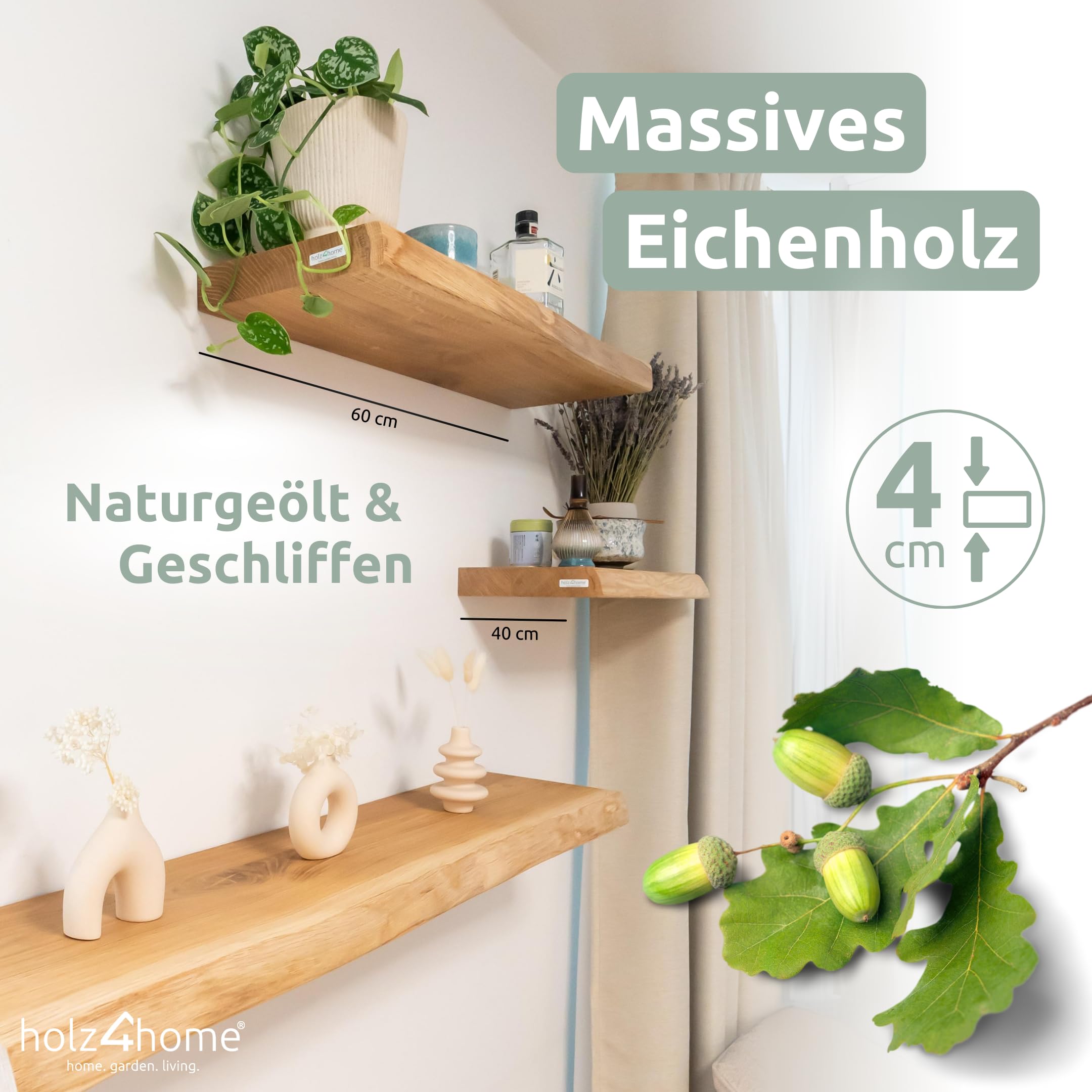 holz4home® Wandregal ohne Baumkante 120 cm Länge, Natur Geölt I Schweberegal Massivholz I Unsichtbare Befestigung moderner Stil I Wandboard Echtholz