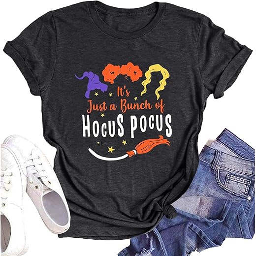 DESFSE It's Just A Bunch of Hocus Pocus T-Shirts for Women Sanderson Sisters Shirt Halloween Movie Graphic Fall Tee Tops