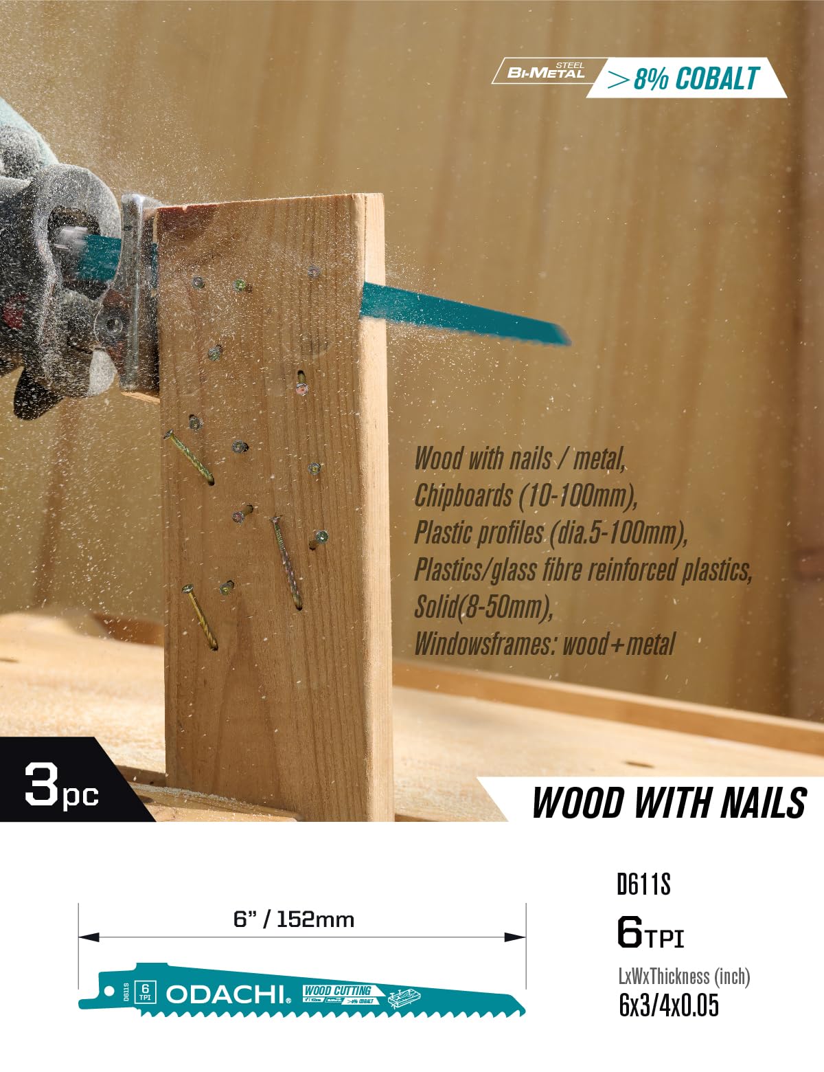 ODACHI Juego de 6 hojas de sierra alternantes de 6 pulgadas para metal, hojas de sierra de corte de madera incrustadas en clavos, 6+14TPI Bimetálicas Sawzall M42 Cobalto en estuche organizador,