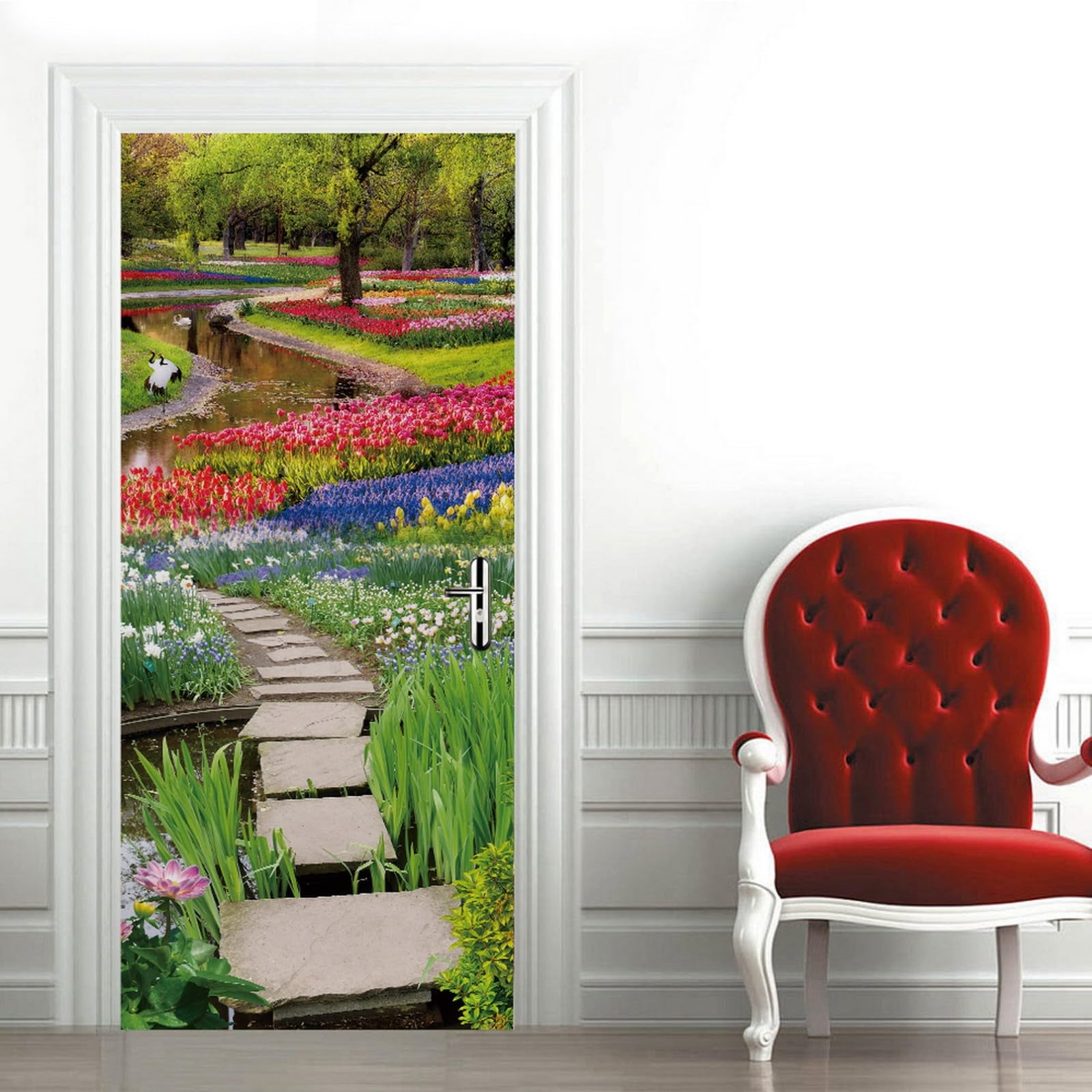 A.Monamour 3D-deurstickers voor binnendeuren vintage aquarel kleurrijke bloemenbloesem vogels bloemendecor vinyl waterdichte zelfklevende deur muurschildering stickers voor slaapkamer, kantoor, badkamer, 83 x 204 cm