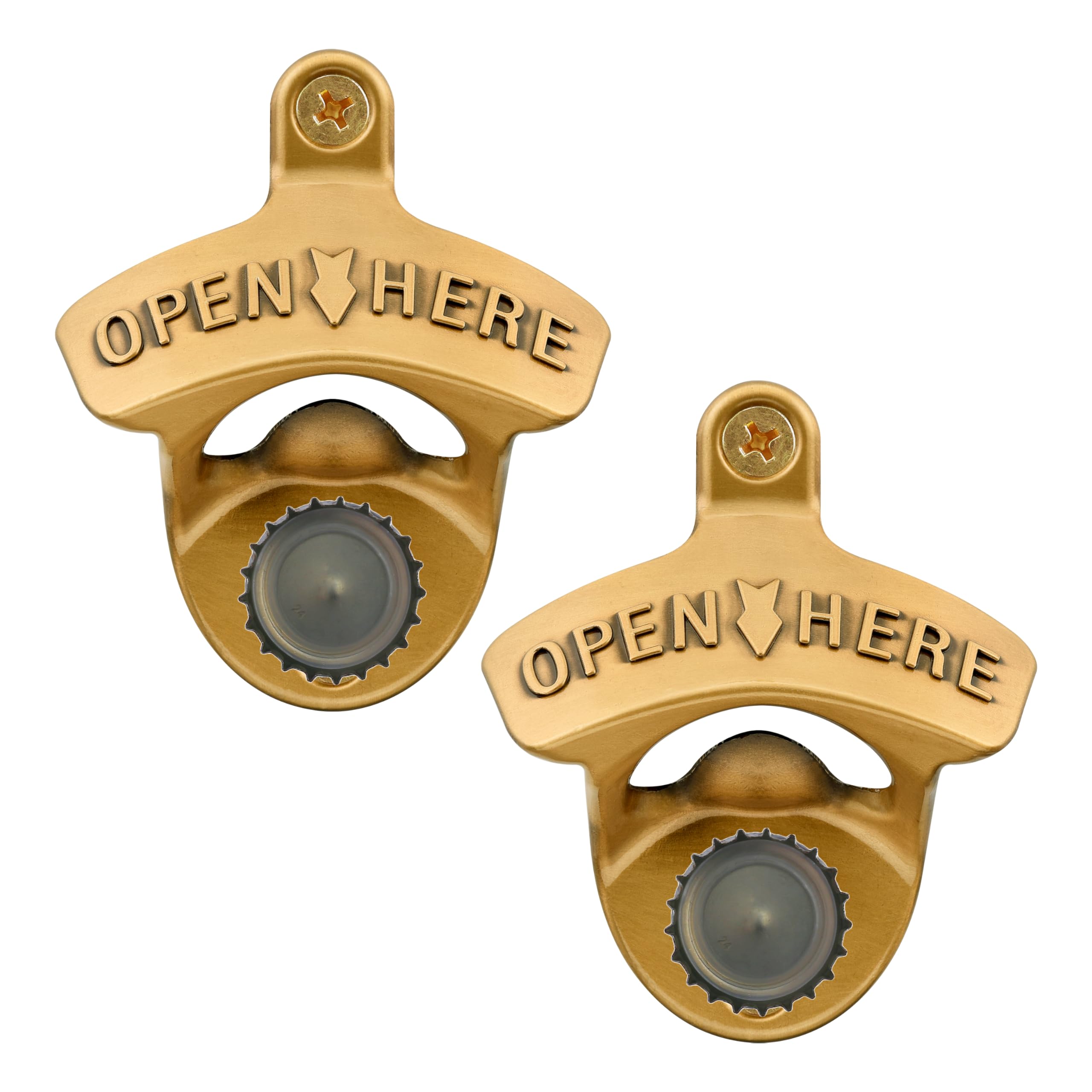 Jumiok Old Style Magnetic Beer Opener Mounted to Wall, Antique Gold Rustproof Mountable Bottle Top Opener with Embedded Magnets to Catch Bottle Cap(Pack of 2)