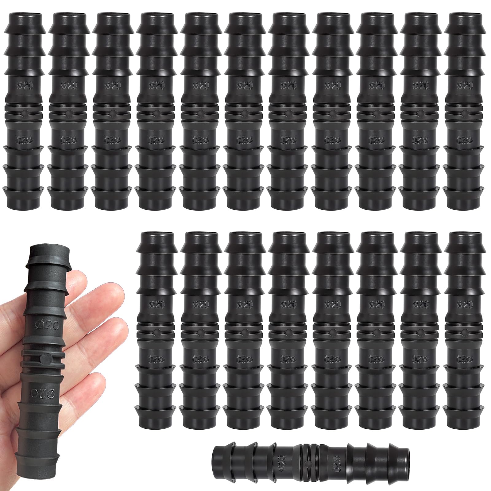 Photo 1 of **MISSING A FEW**RYXZEN 20 PCS Drip Irrigation Fittings Kits Barbed Coupling Connectors Drip Line Coupler Connector, Fits for Most O.D. 20mm PE PIPE or O.D. 3/4 Inch Drip Tubing in Irrigation Sprinkler System