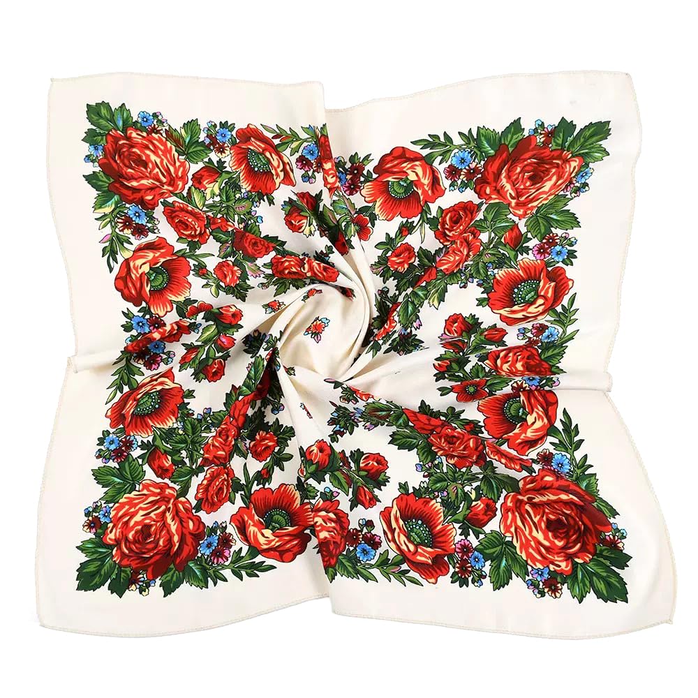 Spring And Autumn Bohemian Style Flowers Head Scarf Shawl,70x70cm(Off white) Russian And Ukrainian Style Square Shawls Scarves