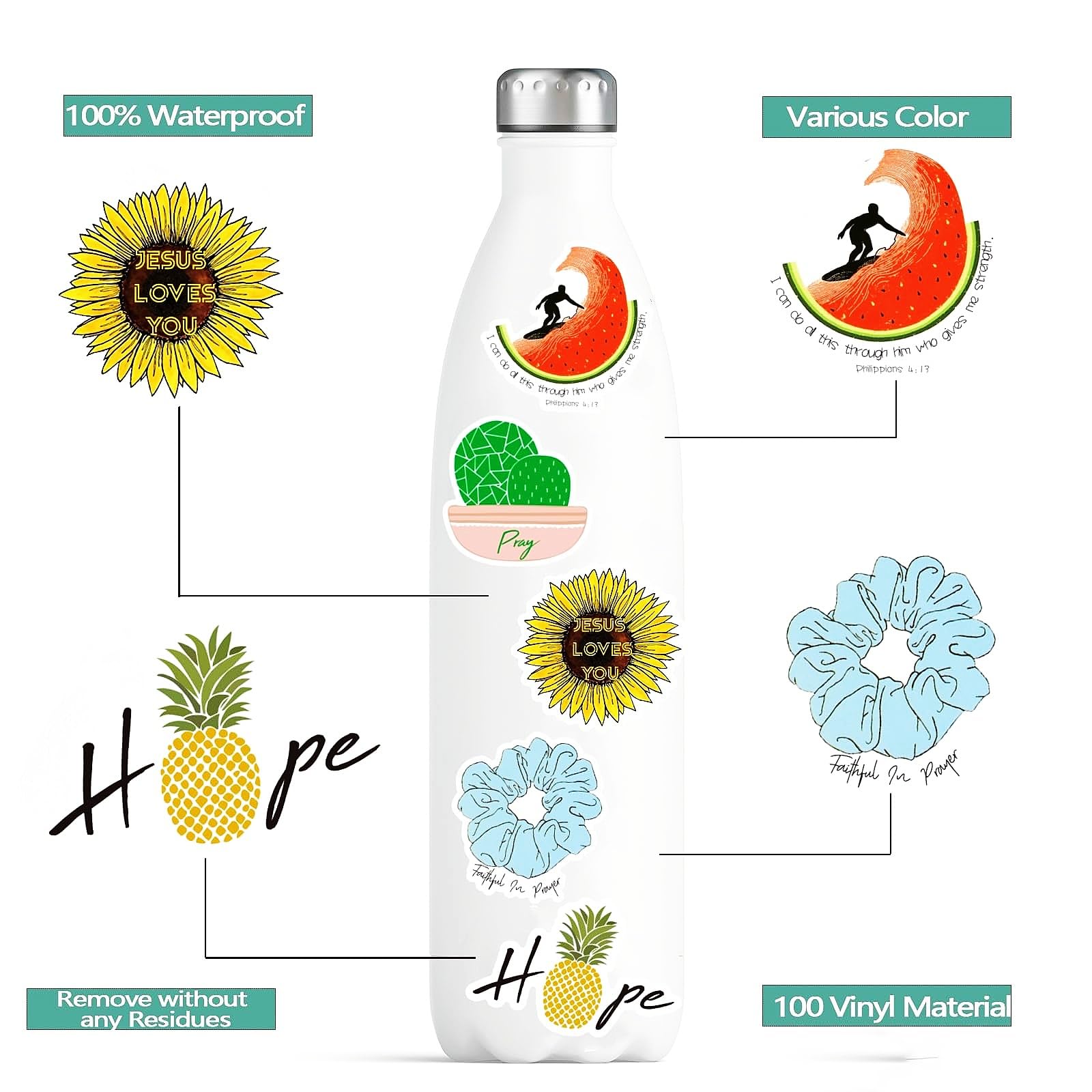 200Pcs Inspirational Christian Stickers for Vision Board Water Bottles Laptop, Vinyl Waterproof Jesus Bible Verse Stickers for Scrapbook Journaling Planner, Christian Easter Gifts for Kids