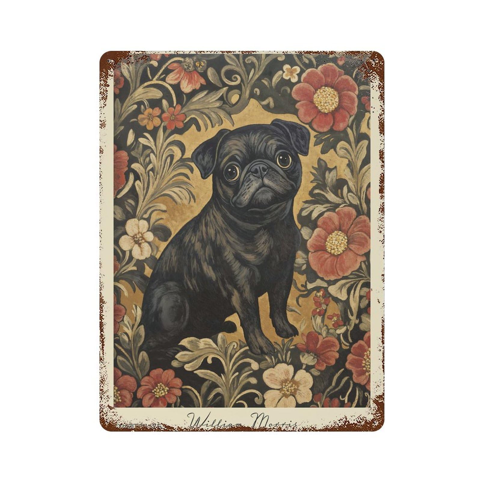 Vintage Rust Metal Sign with William Morris Pug Floral Design 15.7"x11.8", for Office, Studio And Wall Decor, Farmhouse Wall Decor