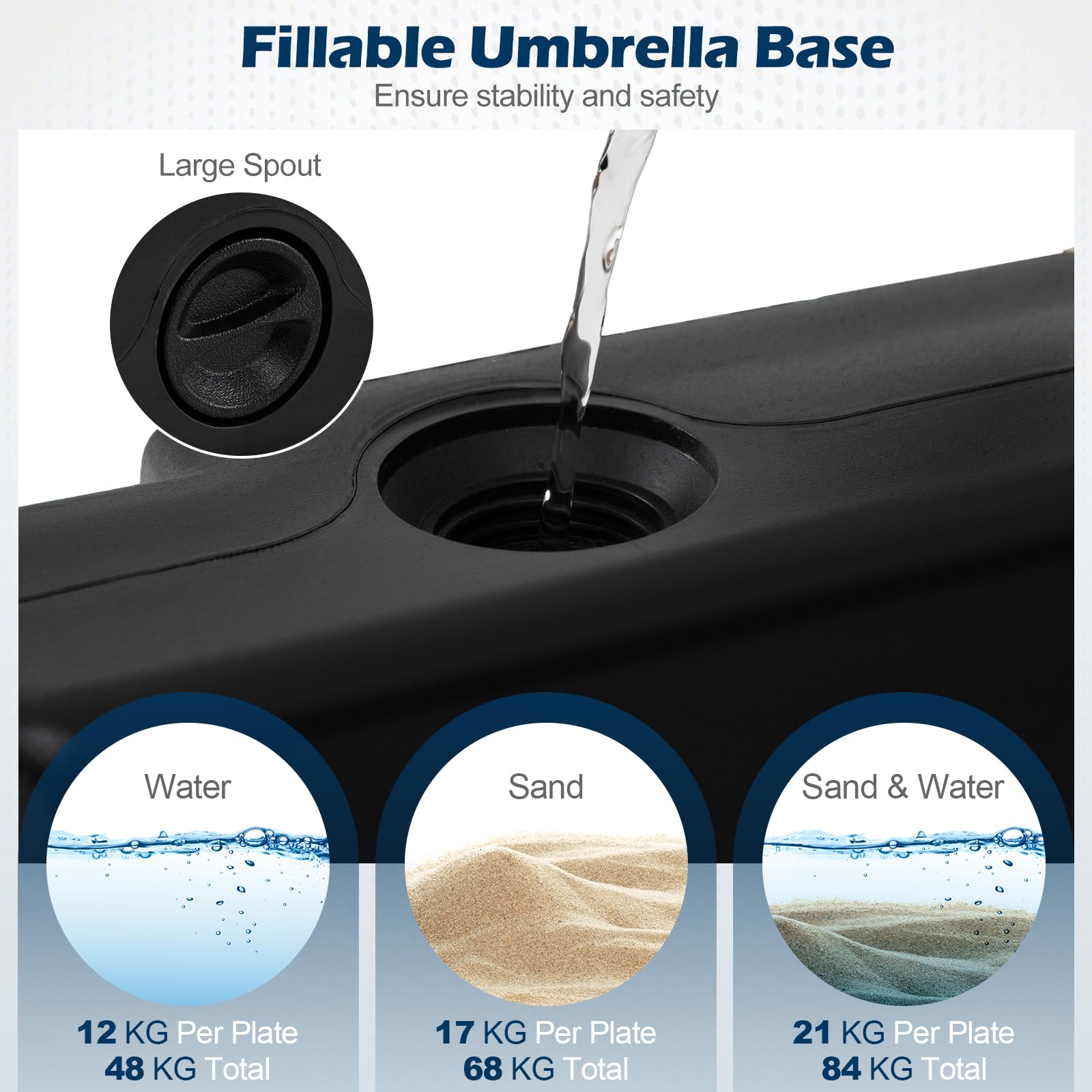 RELAX4LIFE Lot de 4 Dalle de Parasol Excentré à Remplir 84 KG en HDPE, Noir | Base Carrée Lestables pour Parasol Déporté 2-3M, Remplissage d'eau 48L/ Sable 68KG avec Poignée pour Jardin Cour