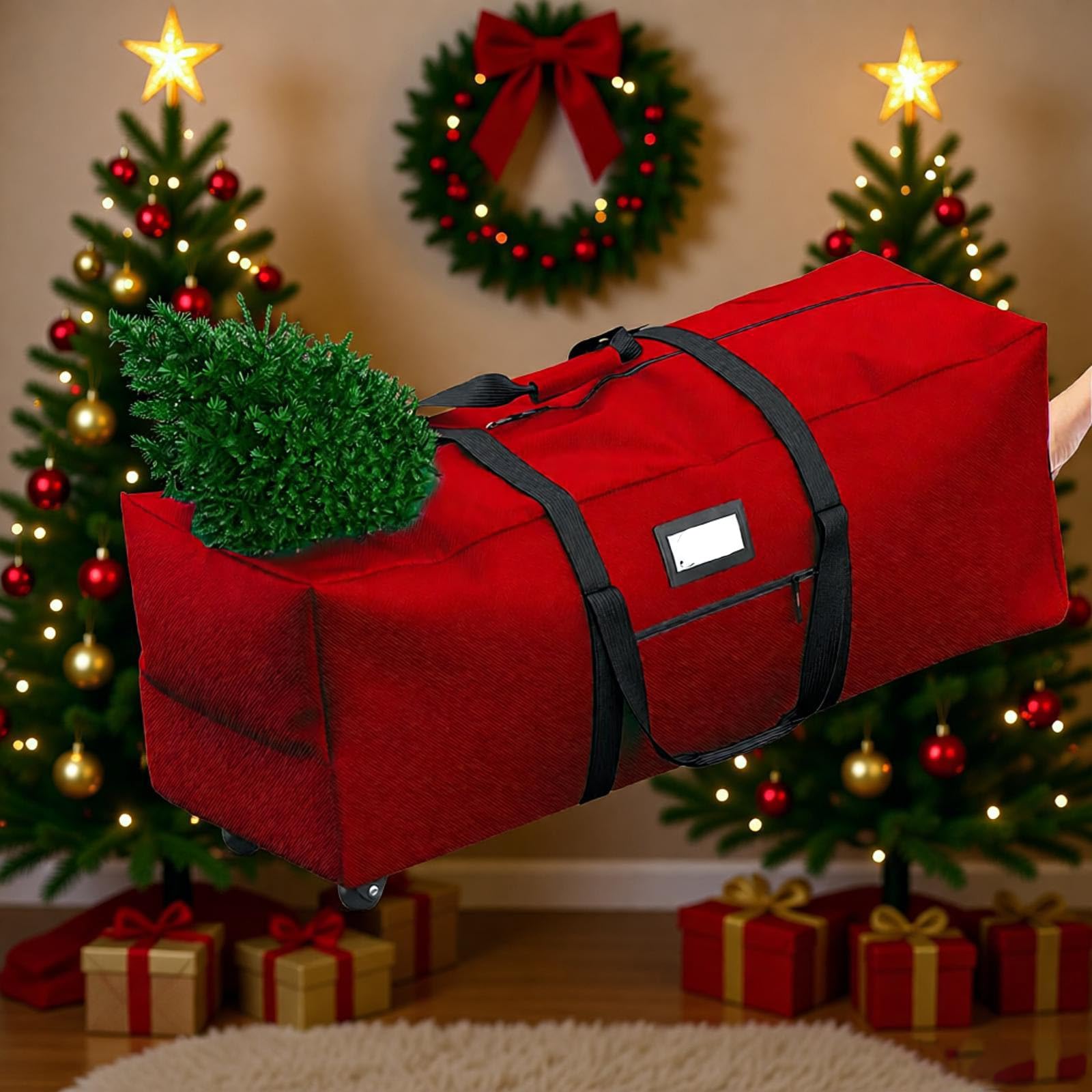 Odot Sac Rangement Sapin de Noel À roues Imperméable, Grand Bande Sac de Rangement de Sapin de Noël Artificiel, pour vêtements, Édredon, Tissu Oxford, avec Poignées (Rouge,152x40x71cm)