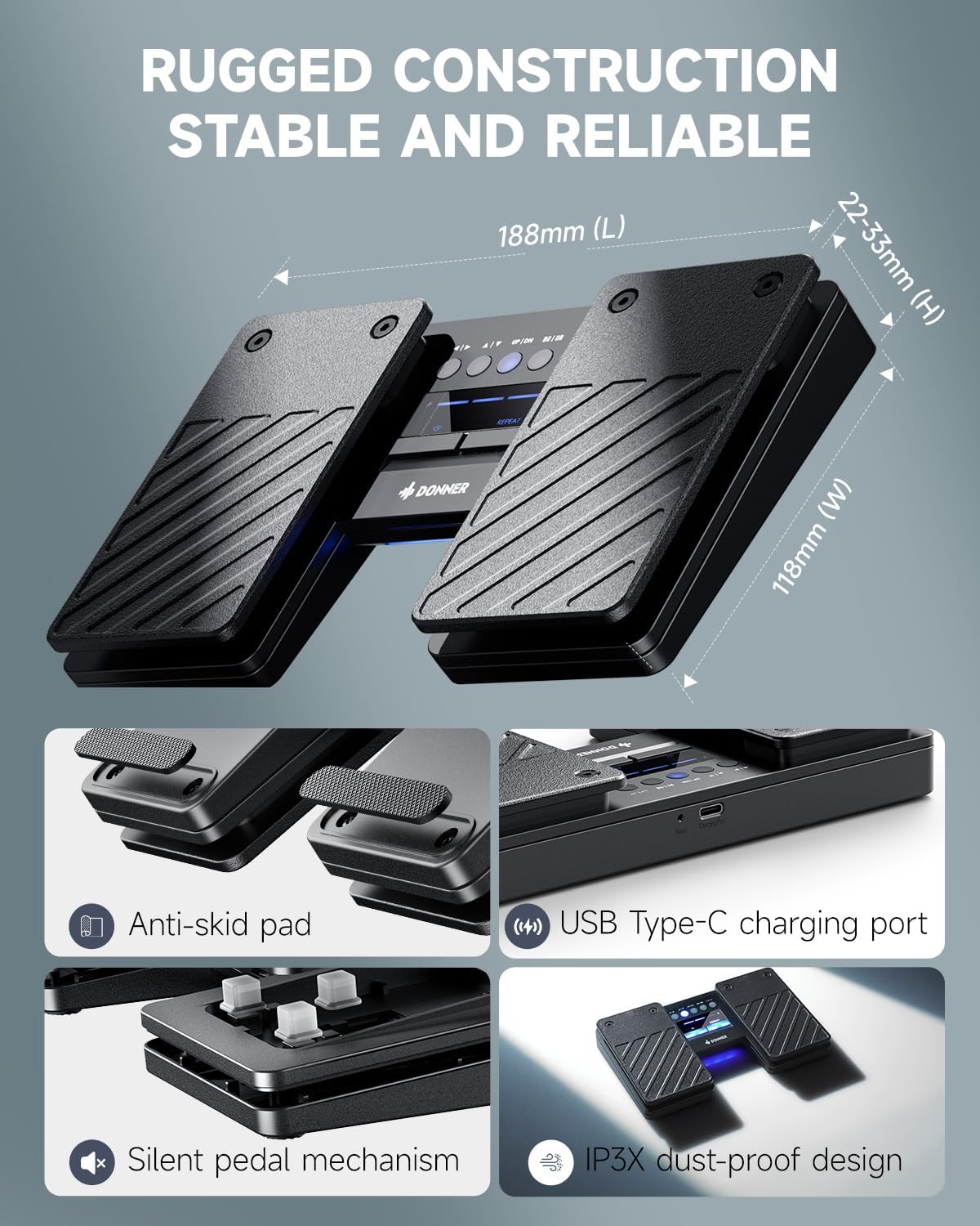 Деталдаштырылган view of Donner DBM-50 pedal's construction and ports