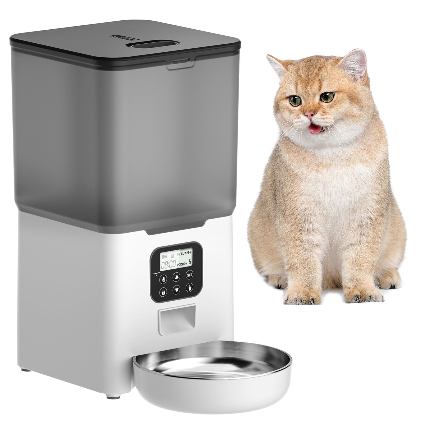 Comedero Gato Automatico 6L Dispensador Comida Gatos/Perros Dispensador De Comida Perros con Temporizador Y 1-4 Comidas Al Día App Control Cuenco De Acero Inoxidable,Blanco