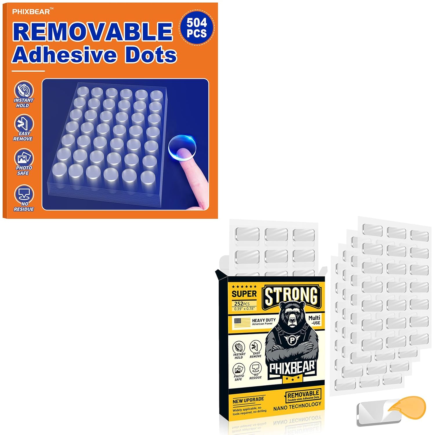 PHIXBEAR 504 Pcs Clear Removable Adhesive Dots, Double Sided Sticky Round Dots (0.39 Inch), Large Mounting Putty No Residue 0.39 x 0.78 in (252 Pcs)