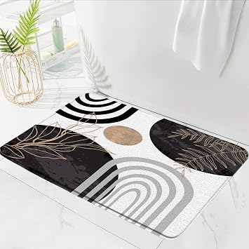 Boho Mid Century Bath Mat Black White Moern Minimalist Leaves Arch Abstract Retro Bathroom Mat Rug Memory Foam Doormat,17.8x29.5 Inch