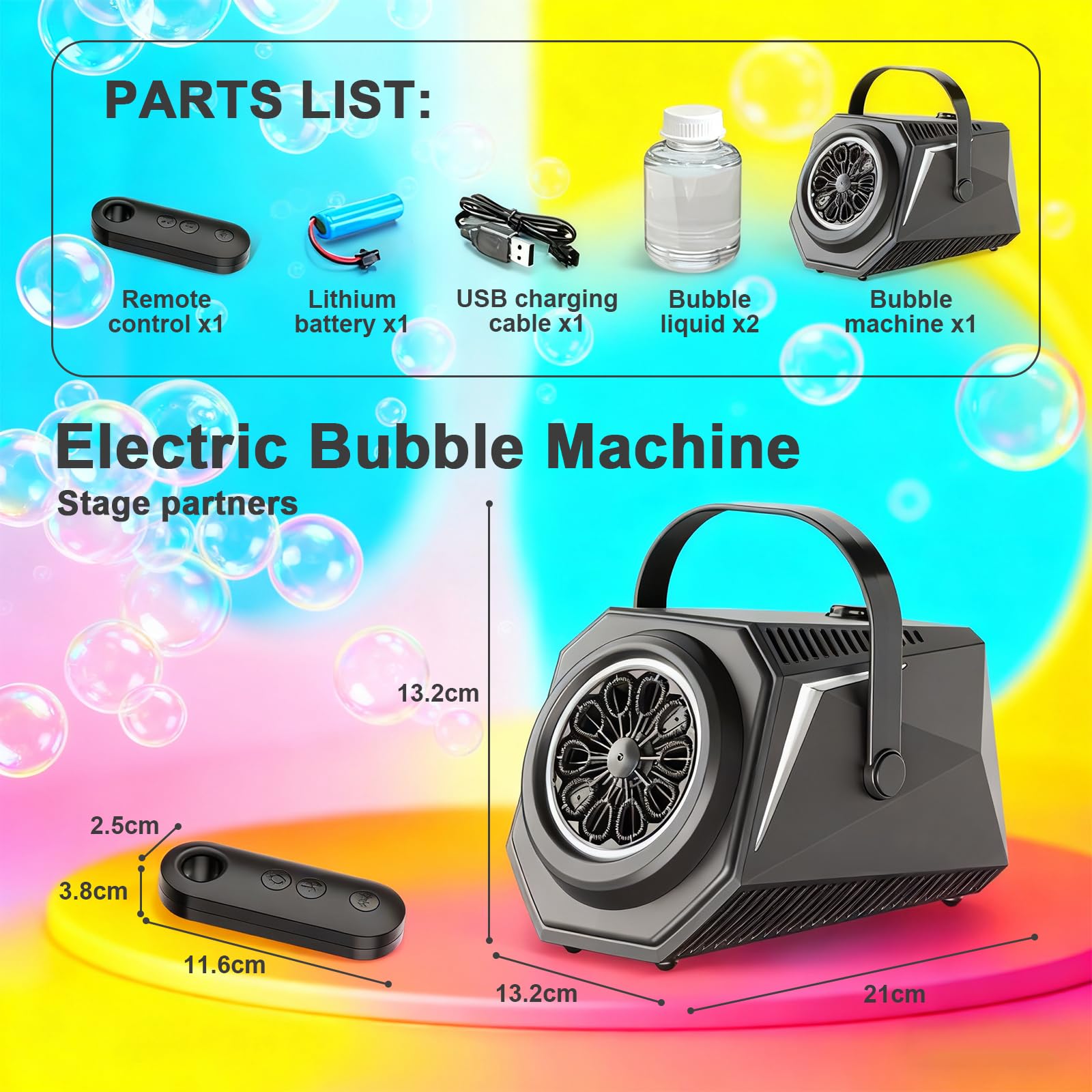 Macchina per Bolle con Telecomando & Luci RGB, 1800mAh Batteria Ricaricabile USB-C, Automatica e Portatile per Bambini, Matrimoni, Feste di Compleanno, Natale (Nero)
