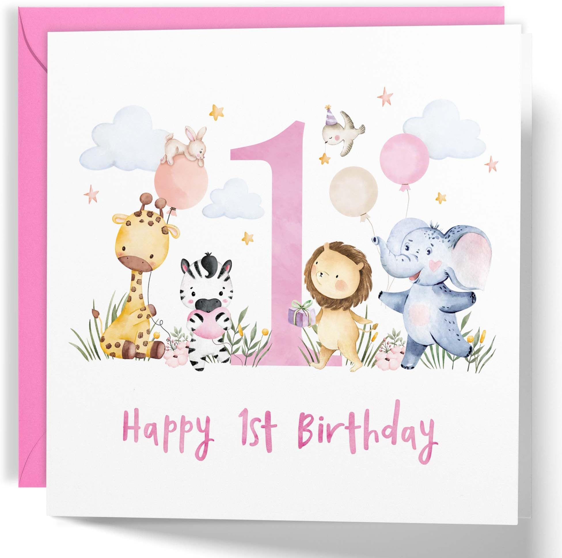 Happy 1st Birthday Card, Cute Safari Animals (Pink)