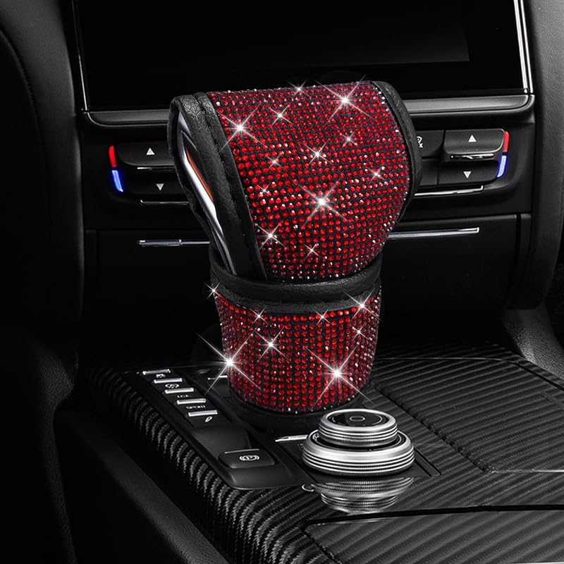 Capa para Manopla de Câmbio Automotivo com Strass, Couro PU, Vermelha, HQRNYP