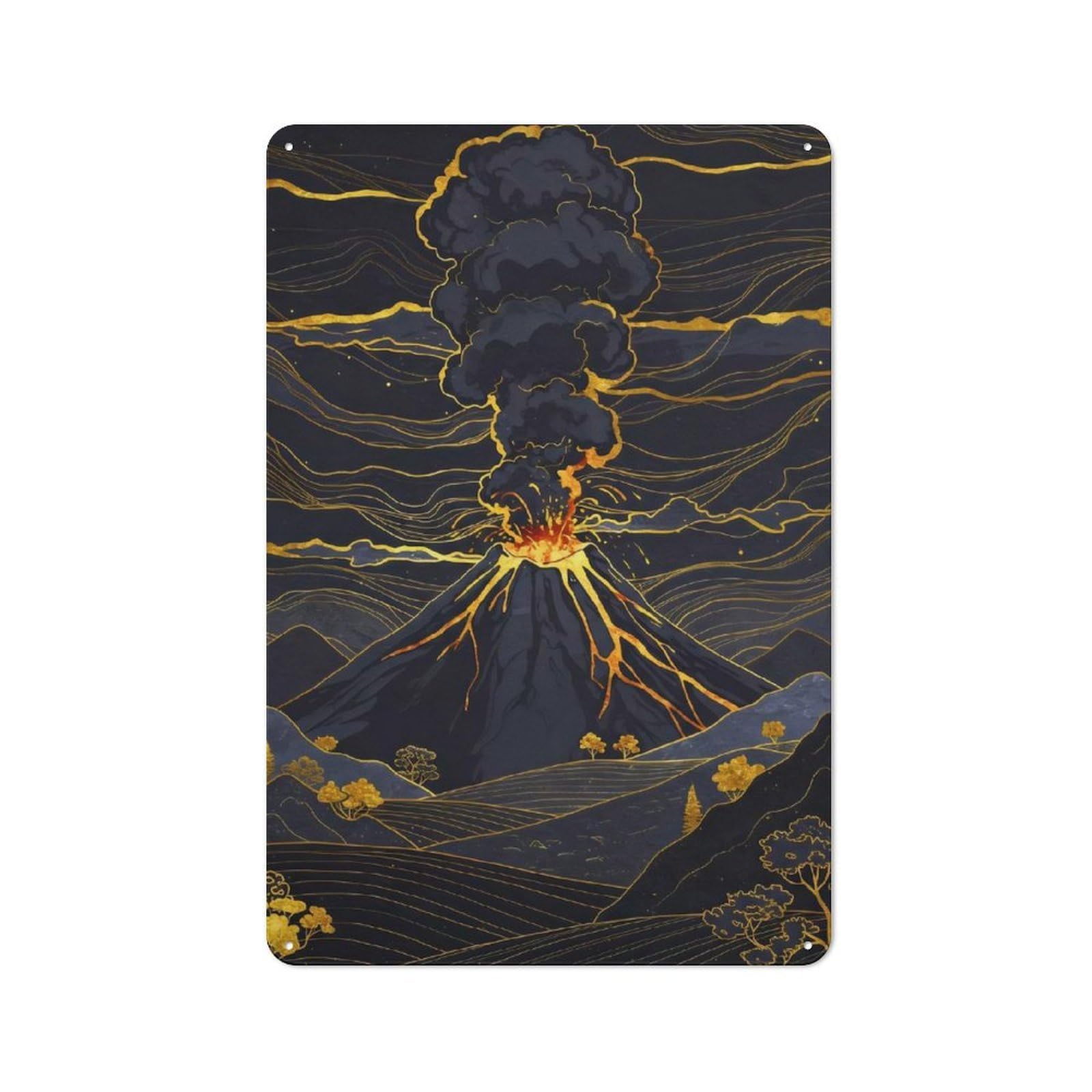Junmoney Volcano Eruption With Golden Accents Vintage Tin Sign 30X20cm With For Workshop Wall, For Makers And Diy Enthusiasts, For Retro Home Interiors