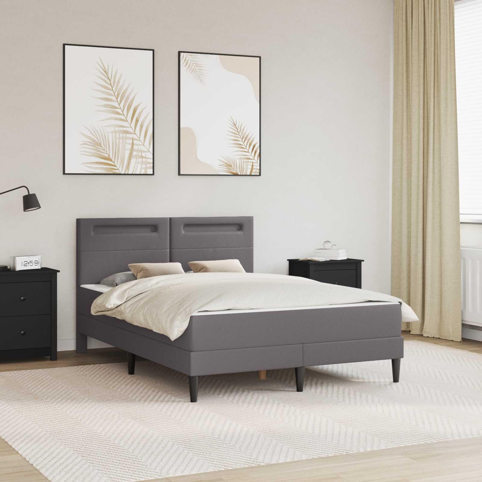 Marco de cama con tiras de luz LED, gris, 140 x 190 cm, piel sintética, cama de madera maciza con espacio de almacenamiento y cabecero para cama de matrimonio