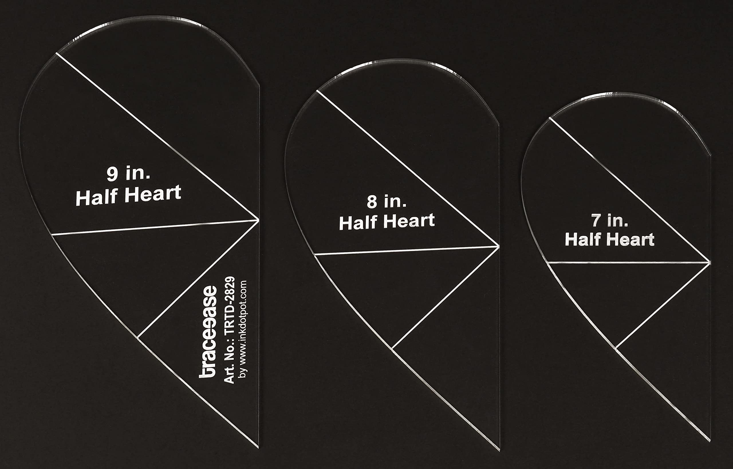 Traceease 3 Pcs Half Heart Shaped Quilt/Applique Template 7"/8"/9" inches DIY Sewing Quilt Patchwork Templates for Quilting- 1/8" Thick Template