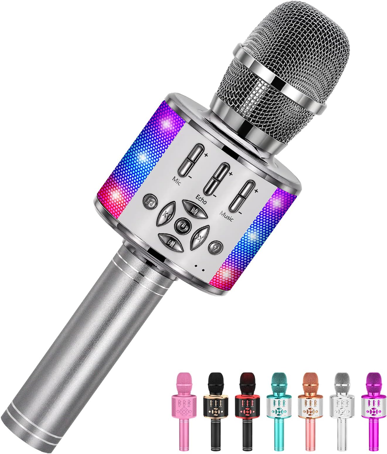 AmazmicKids Karaoke Microphone Machine Toy Bluetooth Microphone Portable Wireless Karaoke Machine Handheld with LED Lights, Gift for Children Adults Birthday Party, Home KTV(Gray)