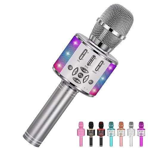 Amazmic Kids Karaoke Microphone Machine Toy Bluetooth Microphone Portable Wireless Karaoke Machine Handheld with LED Lights, Gift for Children Adults Birthday Party, Home KTV(Gray)
