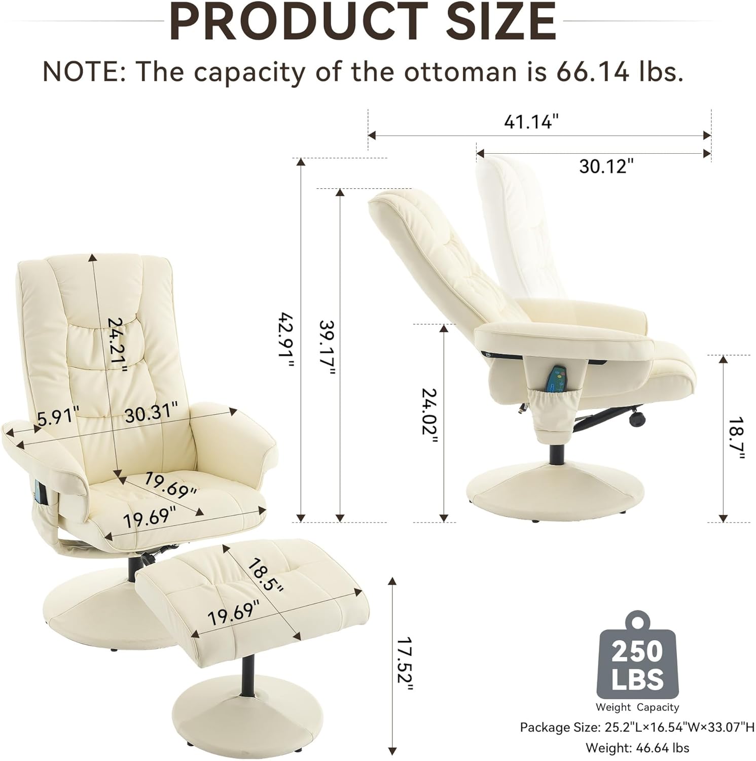 Beige PU Leather Swivel Recliner with Ottoman, 360° Rotating Stress Less Reclining Chair with Heated Massage, 140° Adjustable Backrest for Living Room, Office, Home Theater