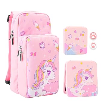 حقيبة سفر RHOTALL Pink Unicorn لجهاز Nintendo Switch/Lite/OLED/2، حقيبة حمل محمولة لطيفة ذات سعة كبيرة متوافقة مع حقيبة ظهر لتخزين ملحقات الكتف والصدر مع 12 فتحة وحقيبة ألعاب وغطاء إبهام