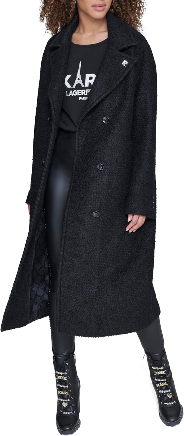 KARL LAGERFELD Women's Classic Long Double Breasted Textured Wool Peacoat With Lapel Pin - Image 6