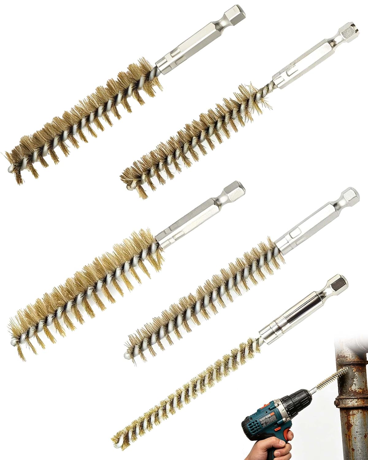 5 Size Copper Wire Bore Brush with 1/4" Hex Shank, Twisted Cleaning Brush