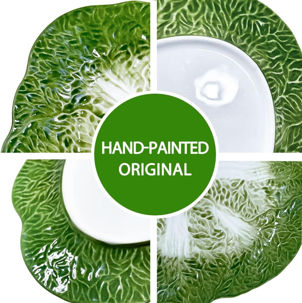 KXZ 2-Piece Green Ceramic Cabbage Plates, 13.5 inch. Versatile for Sushi, Snacks, Appetizers, Salads, Desserts. Microwave & Oven Safe, Stylish Dinnerware for Parties, Restaurants. Fun Kitchen Trays.