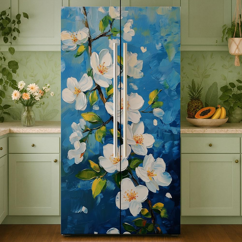 GOMAKERER 2 Pcs White Floral Pattern Removable Refrigerator Wraps, Self-Adhesive Fridge Door Mural Vinyl Freezers Panel Cover Sticker for Kitchen Bar Decor, 41.5x200cm