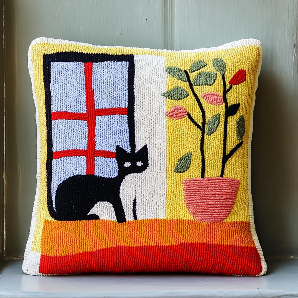 DIY Punch Needle Pillow Kit Cat and Window with Pattern and Hoop Handmade Embroidery Punch Needle Starter Pillowcase Making Set for Home Sofa Decoration 43x43cm-5