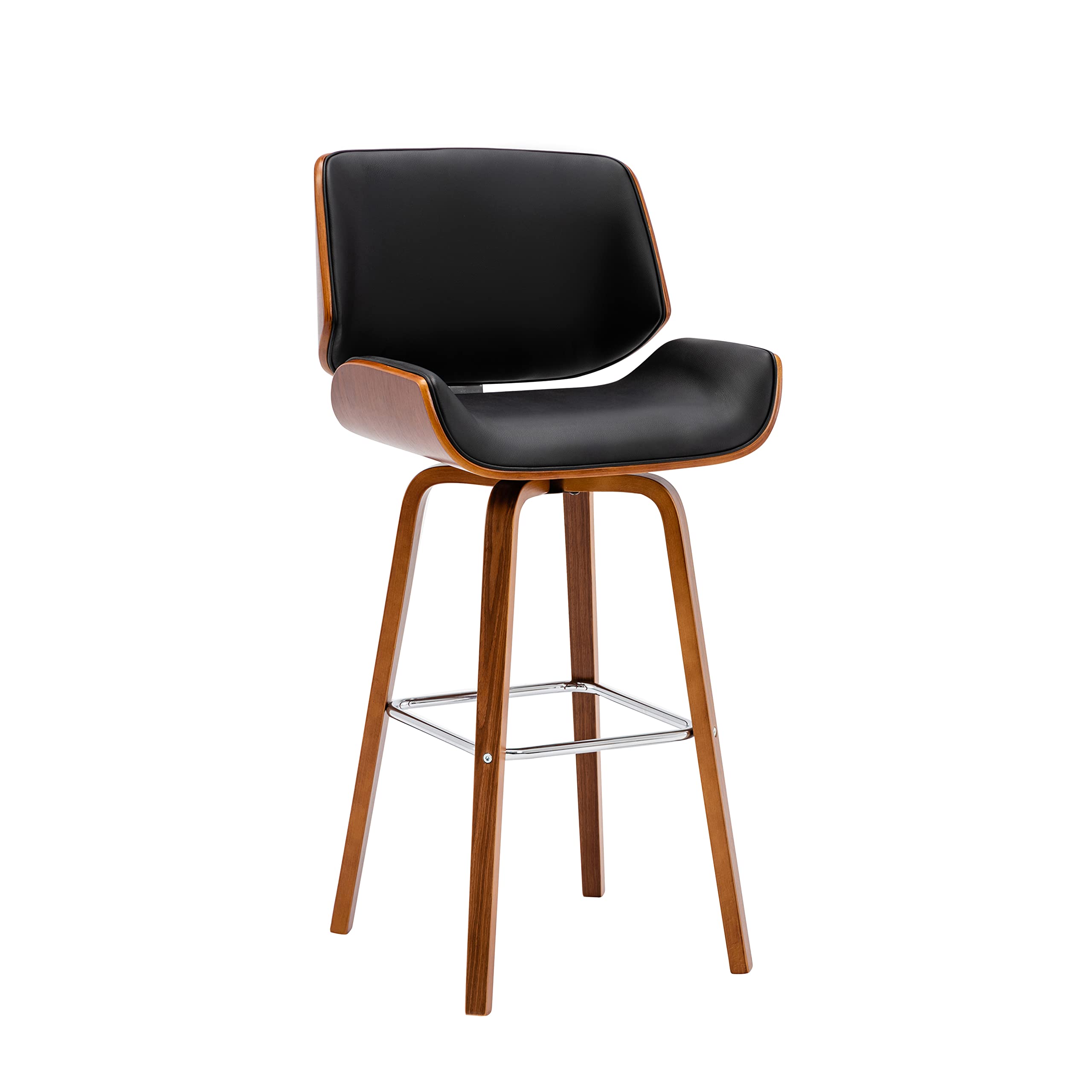 Porthos Home Oma Swivel Bar Stool, PU Leather Upholstery with Walnut Wood Legs and Chrome Footrest, Armless Design for Every Kitchen Island Or Bar