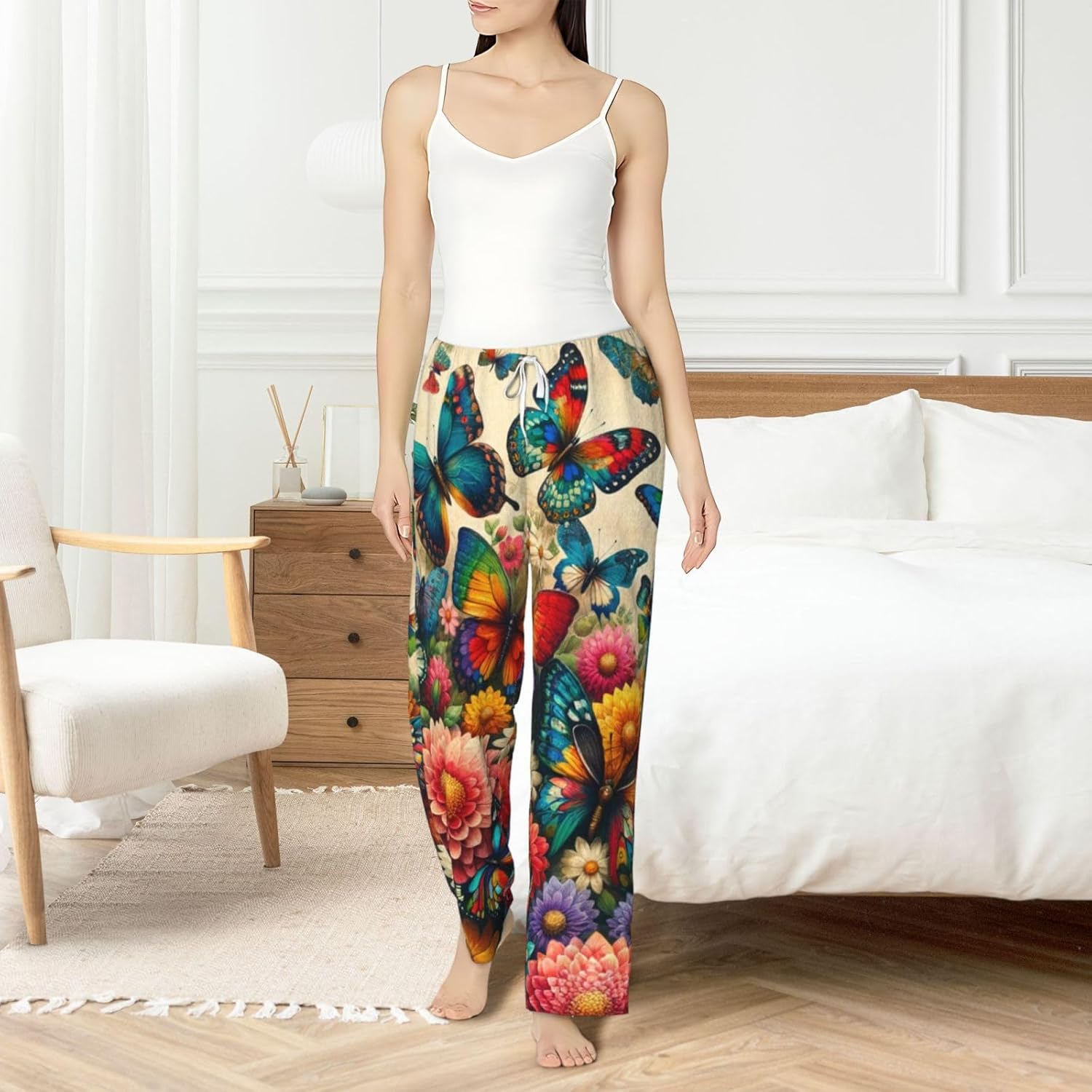 Women'S Flowers-Butterfly-Retro Fleece Pajama Pants, Cozy Flannel Lounge Bottoms For Women