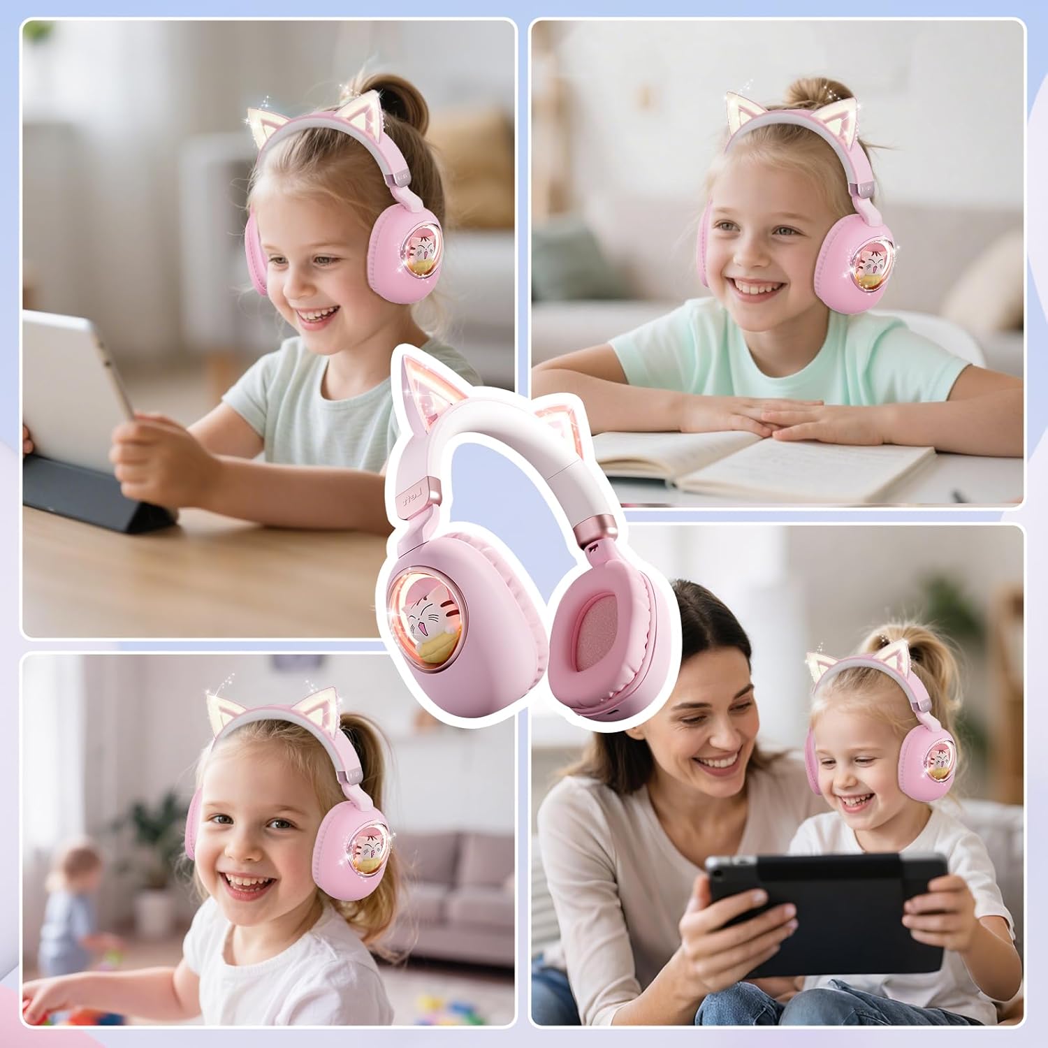 sunvito Kids Headphones Bluetooth 5.4 - Cat Ear LED Light Up Noise Cancelling Wireless Headphones with Mic, 85dB Volume Limited, Wired & Wireless Mode for Travel/School/iPad