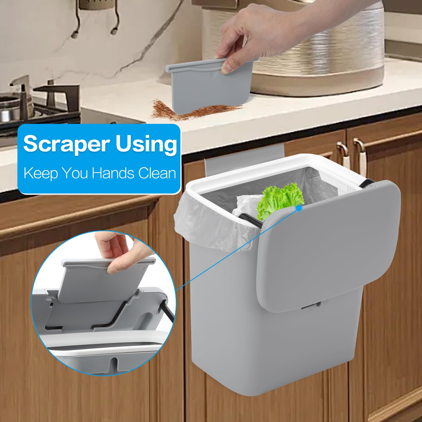 Pattumiera per compostaggio da cucina da 9L per bidone della spazzatura da 2,4 G per sotto il lavandino, secchio per compost interno (grigio)