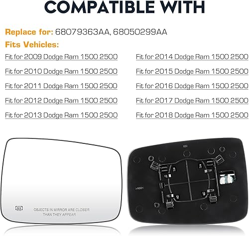 Miniatura 6 de Espejo calefactable con vista lateral derecha del pasajero con placa de respaldo compatible con Dodge Ram 1500 2500 2010, Ram 1500 2500 2011-2018