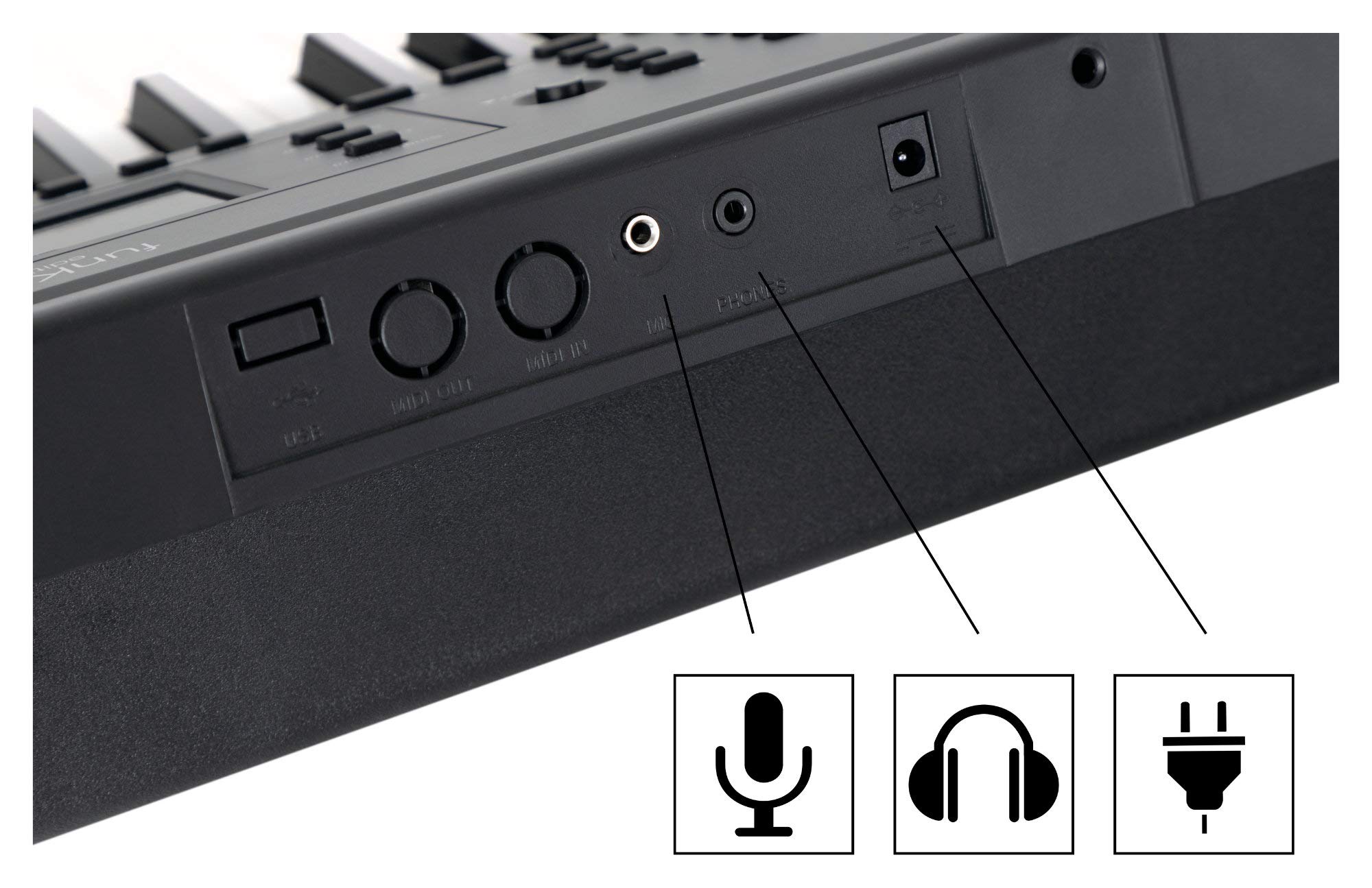 FunKey 61 Edition Nero, 300 suoni, 300 ritmi, 40 brani demo, Metronomo | Sustain, vibrato, double voice, trasposizione, split tastiera, intro/ending, drum, Funzione di registrazione, Uscita cuffie