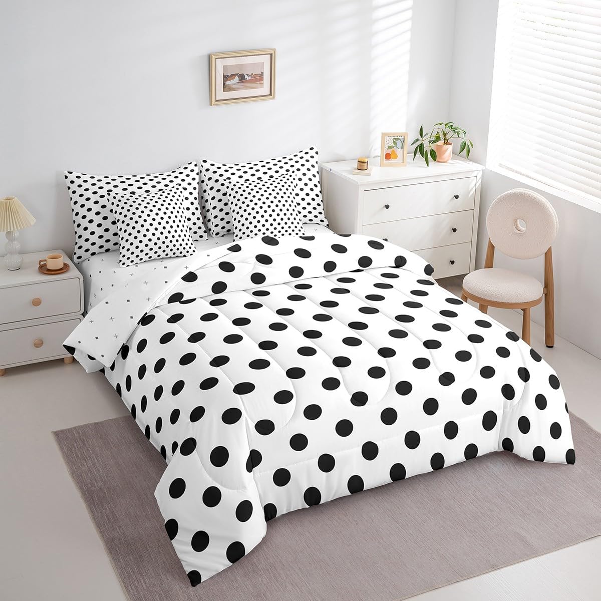 Manfei Black Polka Dots Bed Set in a Bag 7 Pcs,French Style Dots Cartoon Cute Bedding Set,Geometric Circles Black White Simple Art Comforter with Fitted,Flat Sheet,Pillowcase,Pillow Covers,Twin