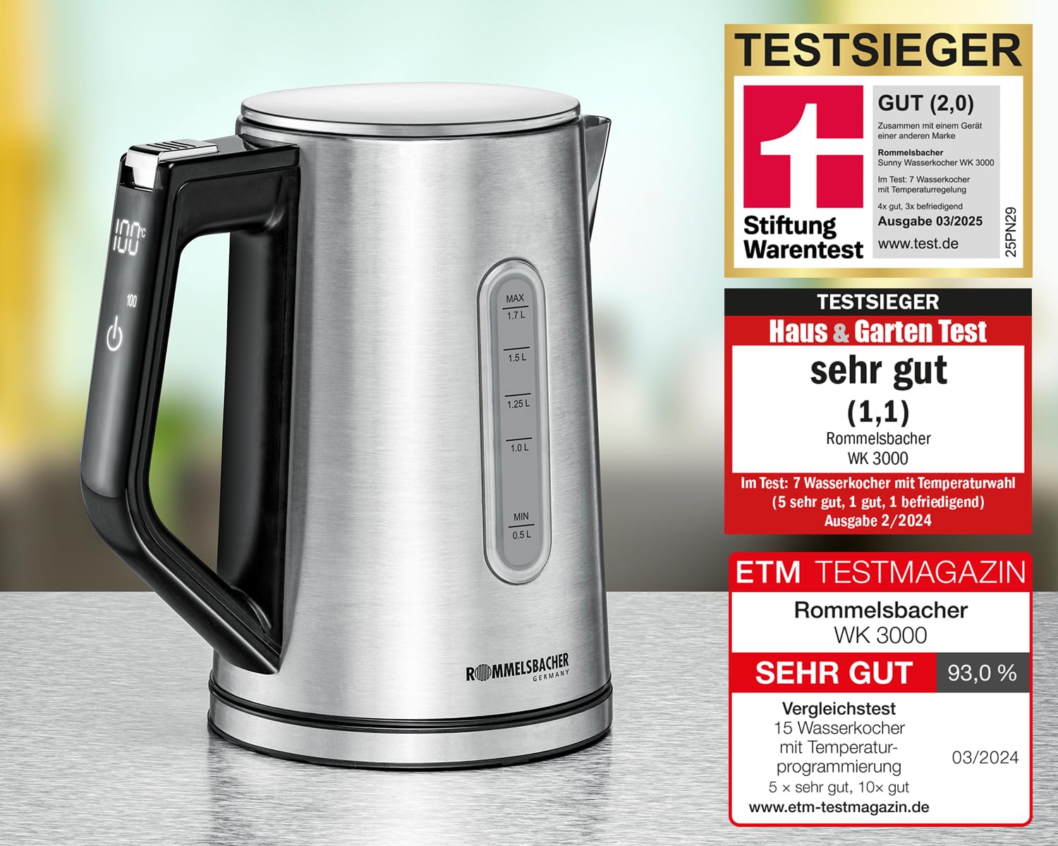 ROMMELSBACHER Wasserkocher WK 3000 – Stiftung Warentest Sieger 3/2025, 1,7 Liter, 1-Tasten-Steuerung, Stellstart-Funktion, Temperaturwahl von 45-100 °C, geschlossener Kannenboden, Kochstoppautomatik