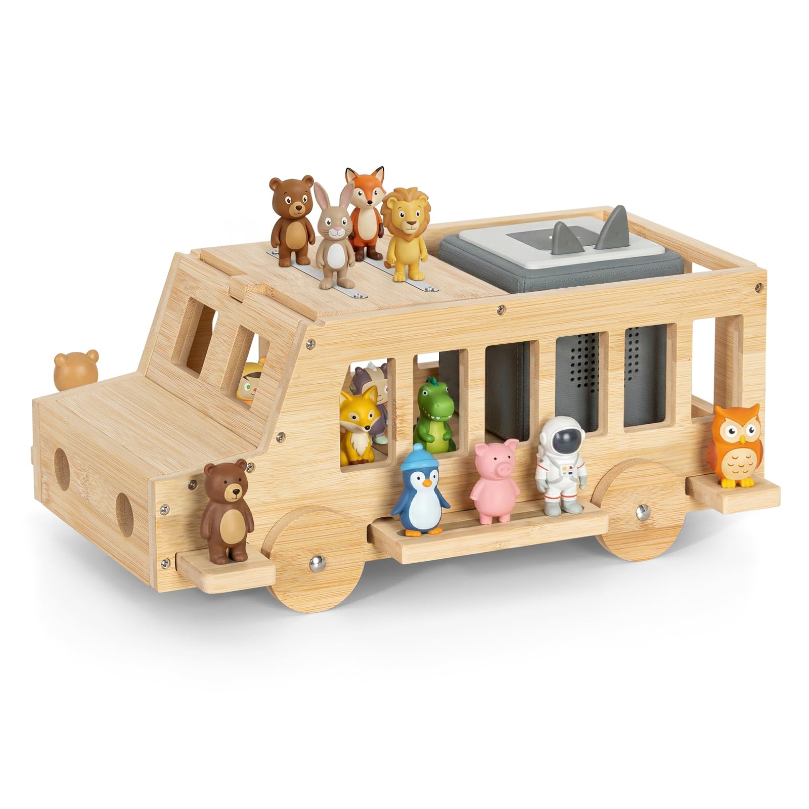 Todeco Étagère Magnétique à Poser, pour Tonies et Toniebox, Bus 3D | 20-30 Tonies, Bande Magnétique Renforcée, Compatible avec Station de Charge, Matériel de Montage Inclus, Bambou Robuste