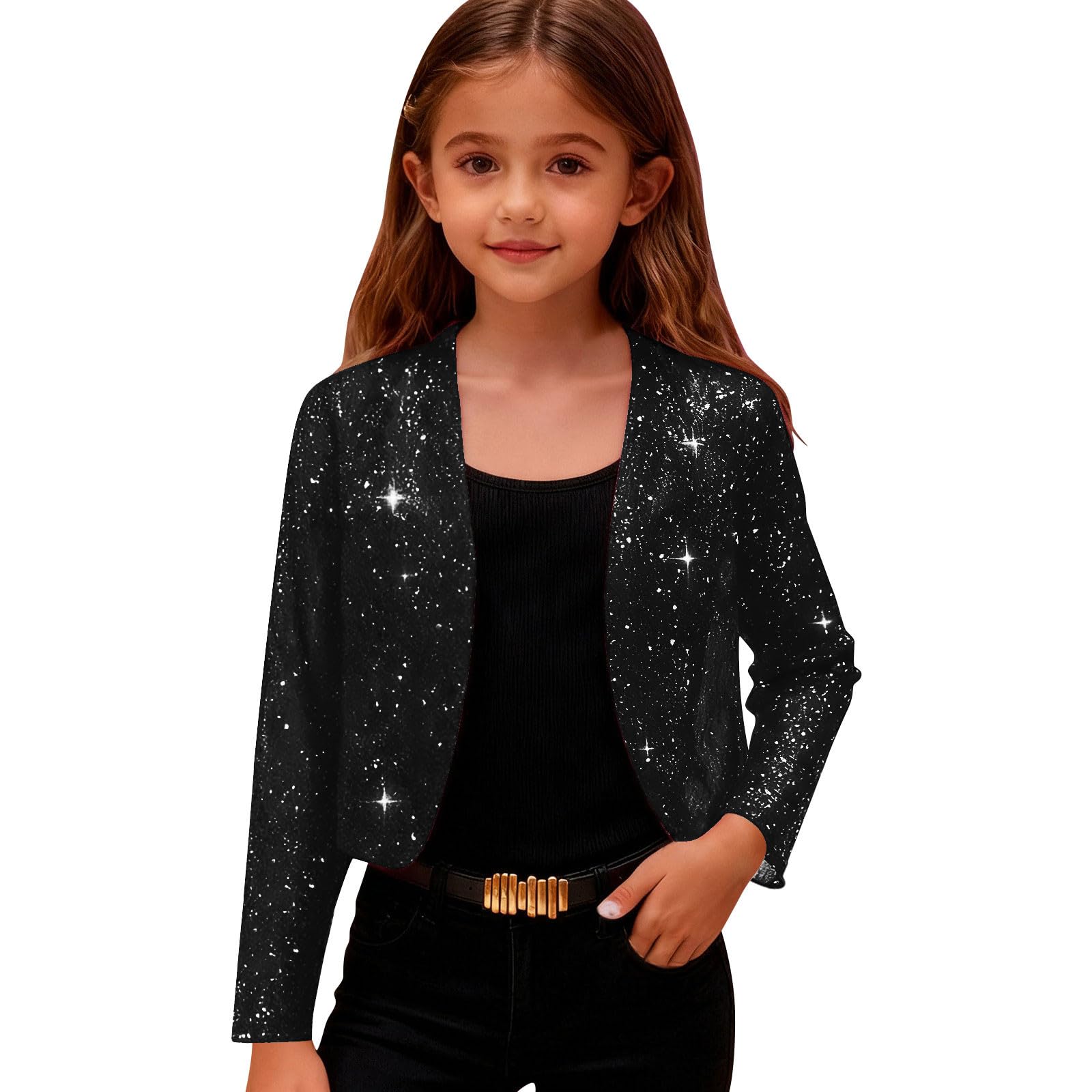 EMATOP Pailletten Blazer Mädchen Elegant Kurz Cardigan Freizeit Leicht Jacke Langarm Glitzer Anzugjacke Festlich Vintage Schulterjacke Lässig Bequem Trenchcoat Mode Sakko Bürojacke 4-14 Jahre