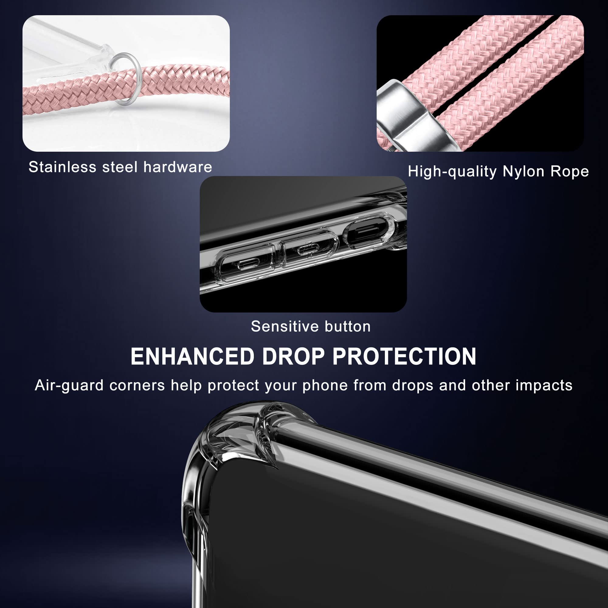 Custodia Per IPhone 13 Con Catena Da Collo Regolabile E Cordino - Cover Trasparente Antiurto Con Protezione Angoli - Nero
