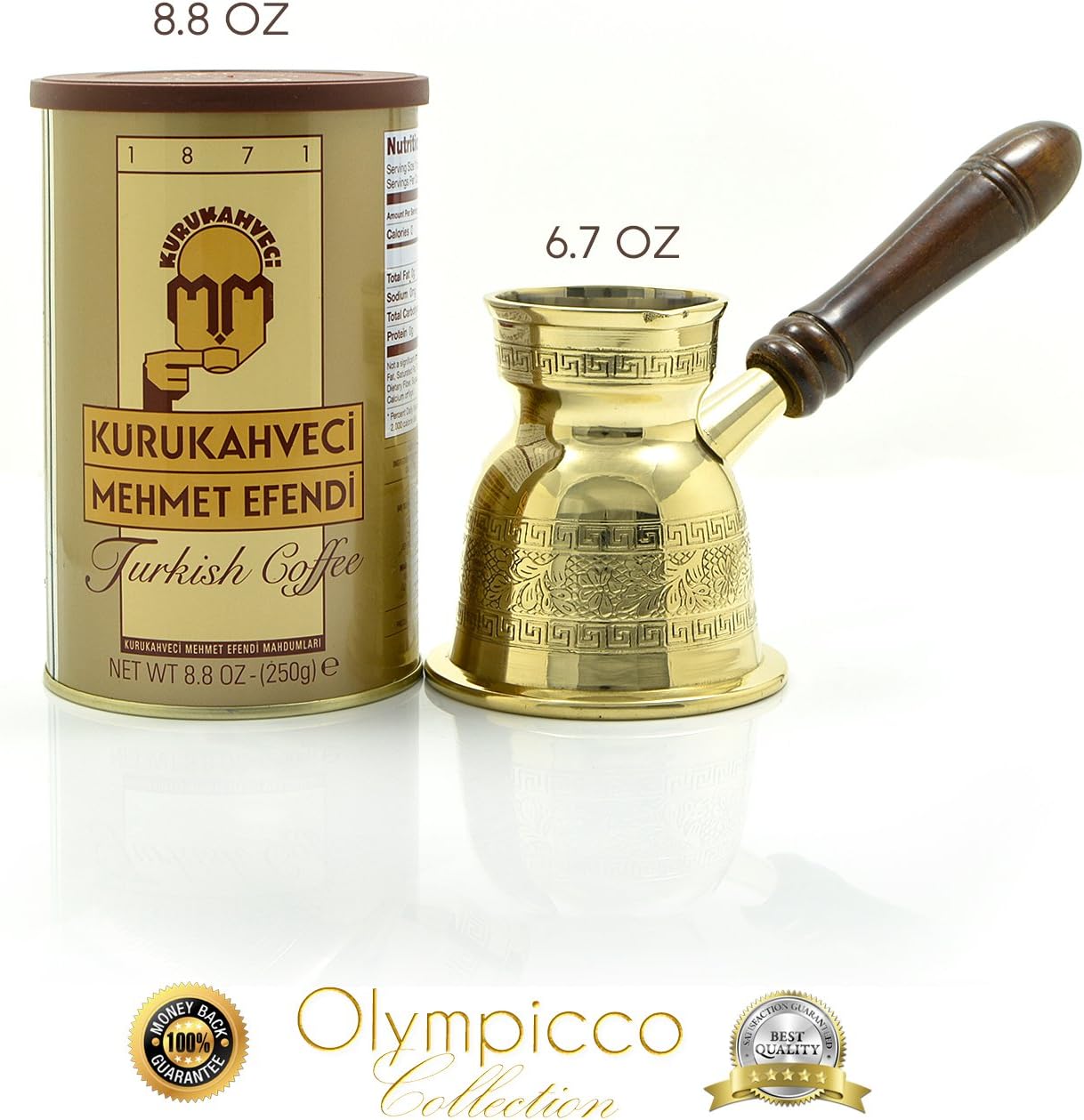 Mehmet Efendi Turkish Coffee 8.8 OZ - Greek Turkish Coffee Pot Solid Brass 2.8mm - Handmade Olympicco Collection (6.7 Oz) Pack of 2