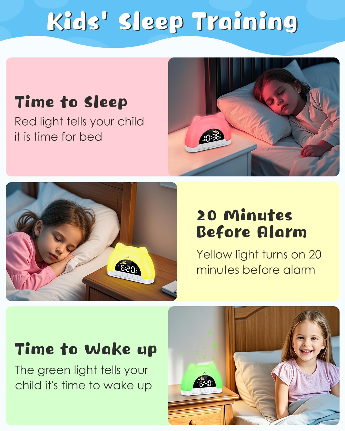 Reloj despertador para niños, reloj OK to Wake para niños, reloj de gato con luz nocturna de 11 colores, 10 sonidos relajantes, bloqueo infantil, alarmas duales, entrenamiento del sueño